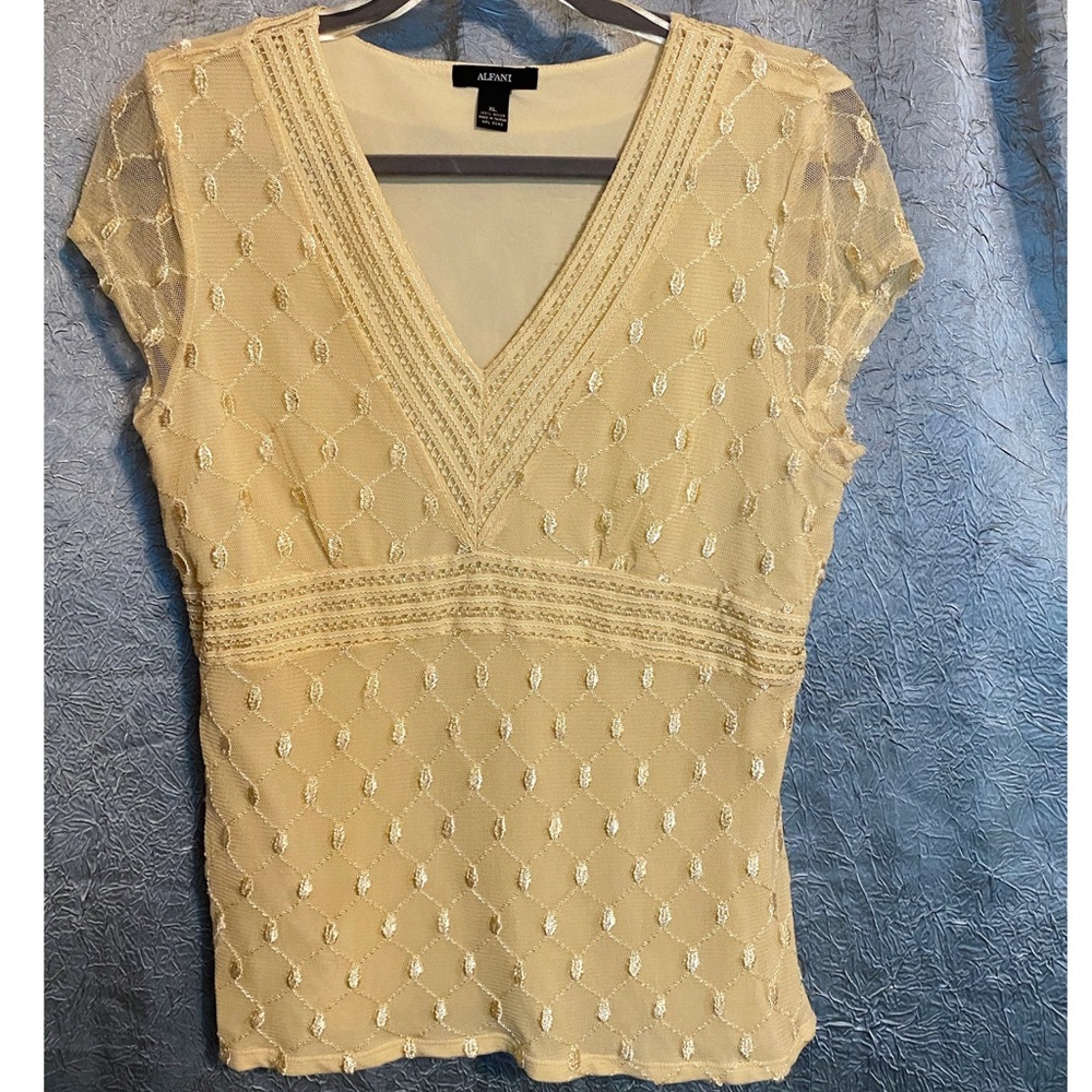 Alfani Gold Creme Short Sleeve V Neck Blouse Tops